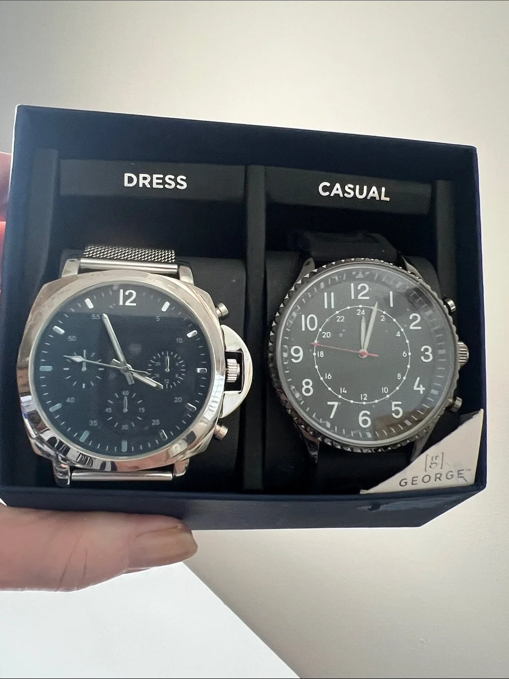George  - Men's Two-Piece Watch Set - Black Faces, Silver & Black Cases NWT